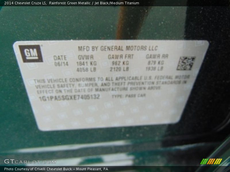Rainforest Green Metallic / Jet Black/Medium Titanium 2014 Chevrolet Cruze LS