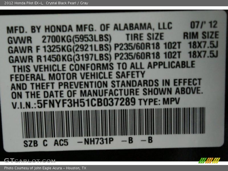 Crystal Black Pearl / Gray 2012 Honda Pilot EX-L