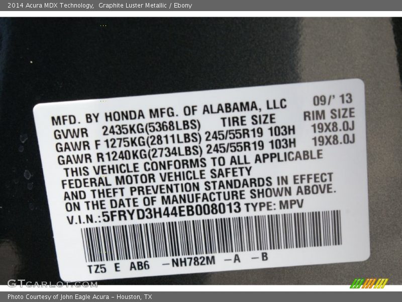 Graphite Luster Metallic / Ebony 2014 Acura MDX Technology