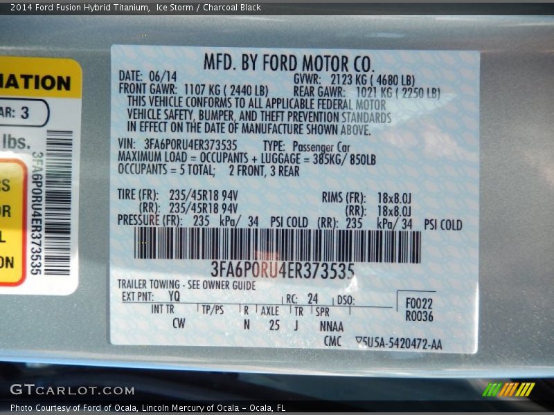 2014 Fusion Hybrid Titanium Ice Storm Color Code YQ