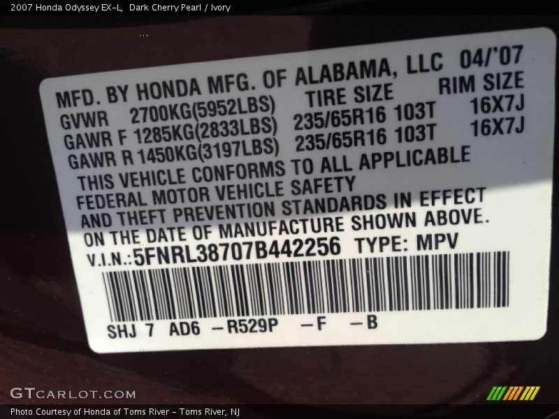 Dark Cherry Pearl / Ivory 2007 Honda Odyssey EX-L