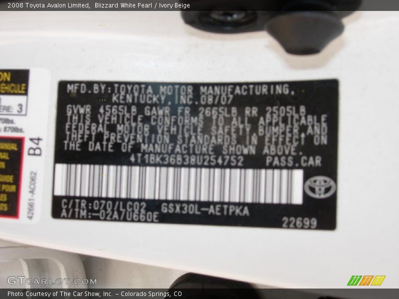 Blizzard White Pearl / Ivory Beige 2008 Toyota Avalon Limited