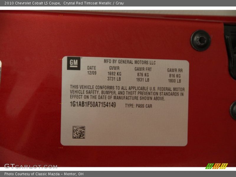 Crystal Red Tintcoat Metallic / Gray 2010 Chevrolet Cobalt LS Coupe