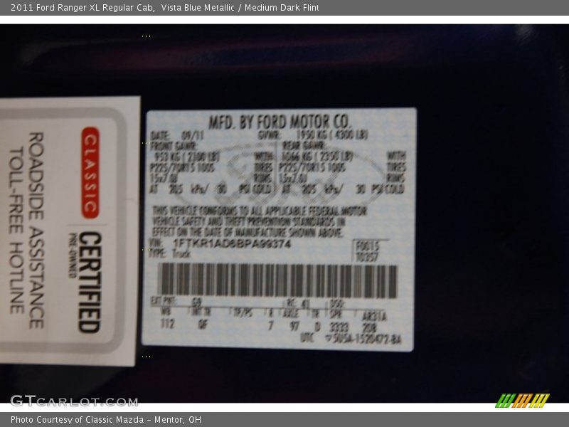 Vista Blue Metallic / Medium Dark Flint 2011 Ford Ranger XL Regular Cab