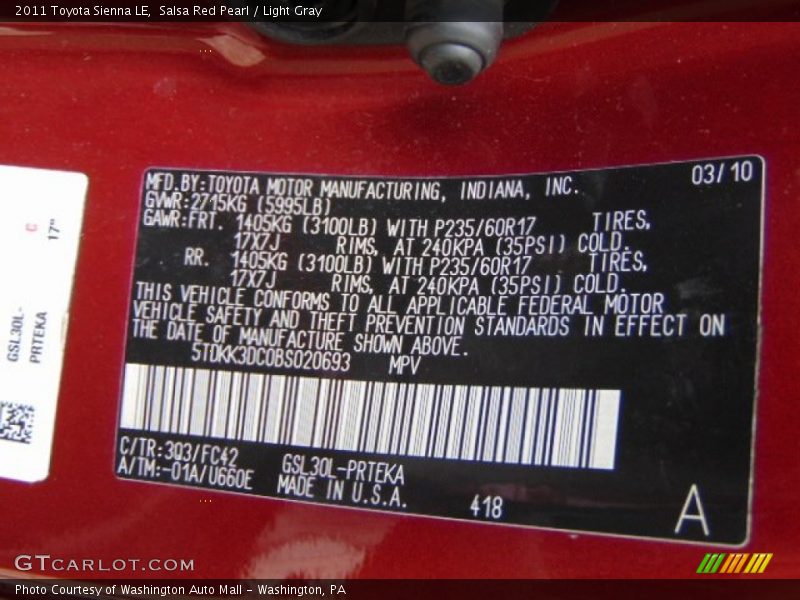 Salsa Red Pearl / Light Gray 2011 Toyota Sienna LE