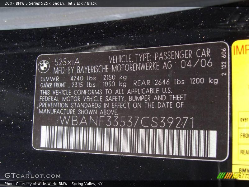 Jet Black / Black 2007 BMW 5 Series 525xi Sedan
