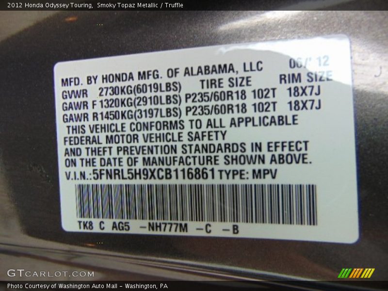 Smoky Topaz Metallic / Truffle 2012 Honda Odyssey Touring