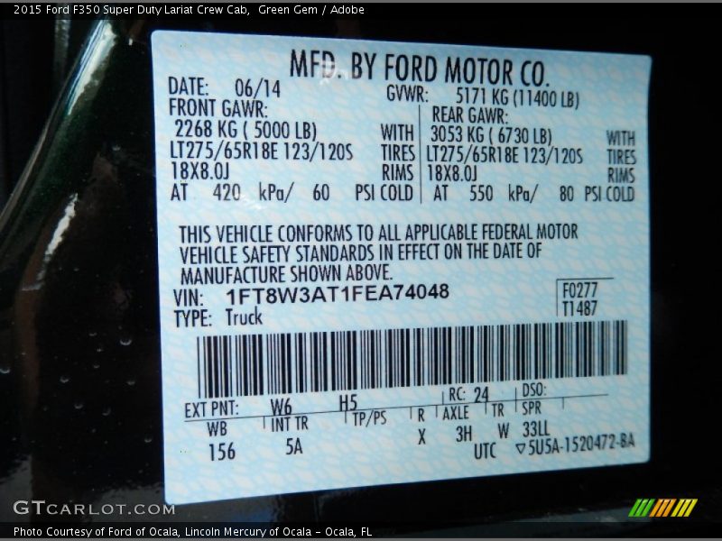 2015 F350 Super Duty Lariat Crew Cab Green Gem Color Code W6