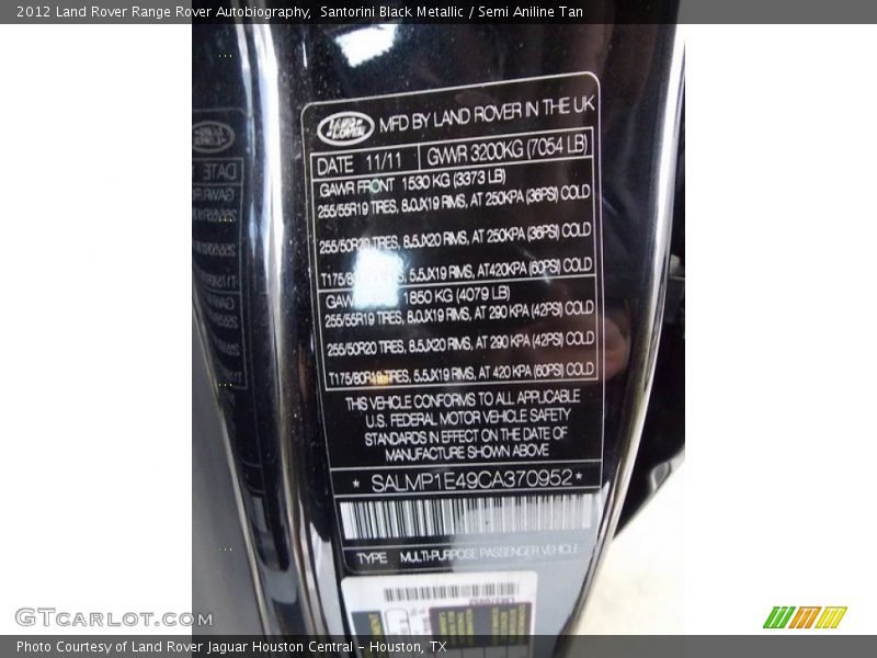 Info Tag of 2012 Range Rover Autobiography