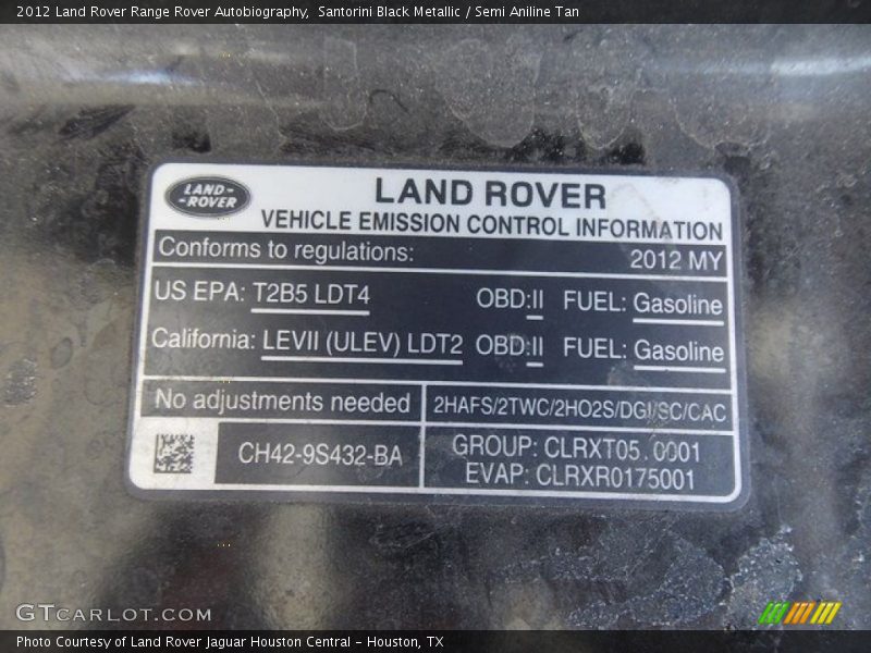 Info Tag of 2012 Range Rover Autobiography