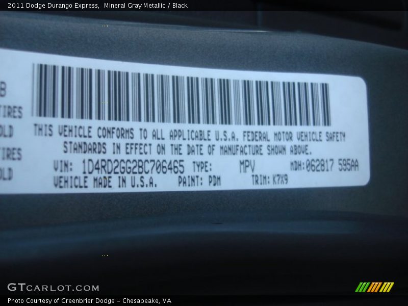 Mineral Gray Metallic / Black 2011 Dodge Durango Express