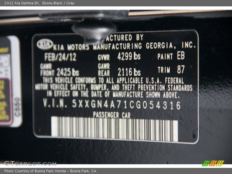 Ebony Black / Gray 2012 Kia Optima EX