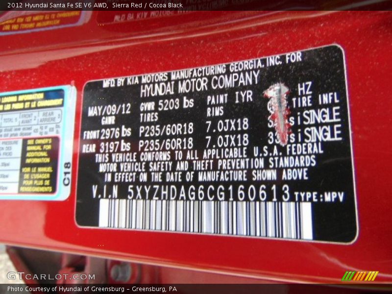 Sierra Red / Cocoa Black 2012 Hyundai Santa Fe SE V6 AWD
