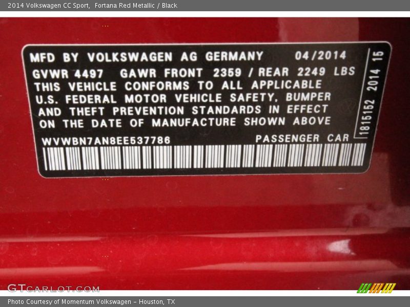 Fortana Red Metallic / Black 2014 Volkswagen CC Sport