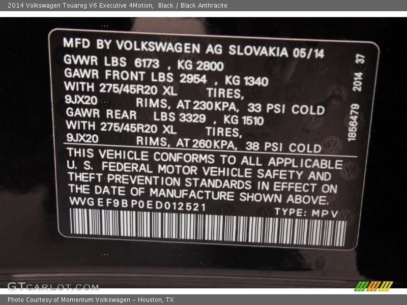 Black / Black Anthracite 2014 Volkswagen Touareg V6 Executive 4Motion