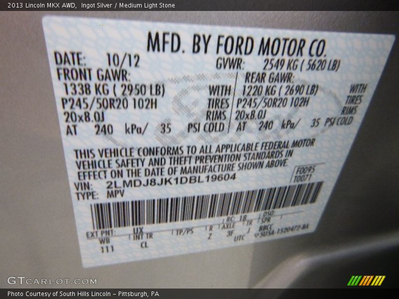 Ingot Silver / Medium Light Stone 2013 Lincoln MKX AWD