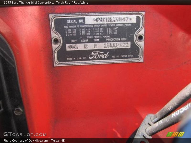 Info Tag of 1955 Thunderbird Convertible
