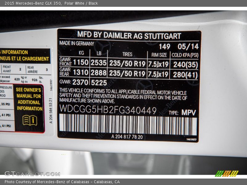 2015 GLK 350 Polar White Color Code 149