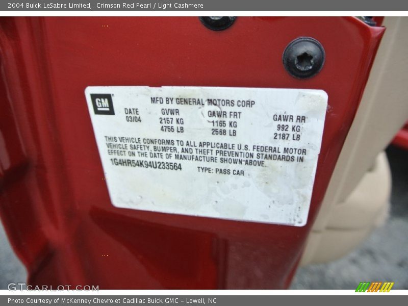 Crimson Red Pearl / Light Cashmere 2004 Buick LeSabre Limited