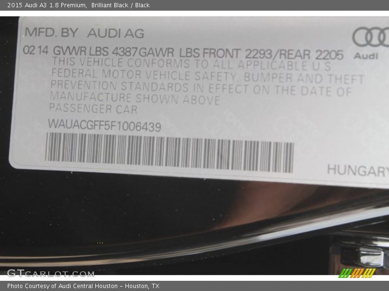 Brilliant Black / Black 2015 Audi A3 1.8 Premium