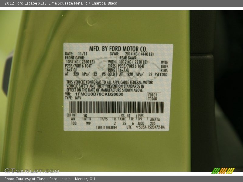 Lime Squeeze Metallic / Charcoal Black 2012 Ford Escape XLT
