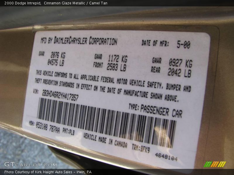 Cinnamon Glaze Metallic / Camel Tan 2000 Dodge Intrepid