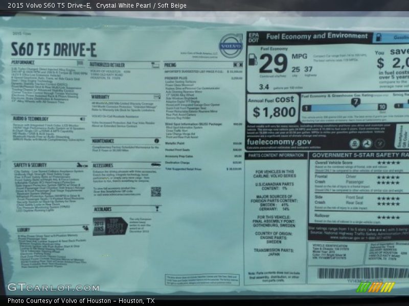Crystal White Pearl / Soft Beige 2015 Volvo S60 T5 Drive-E