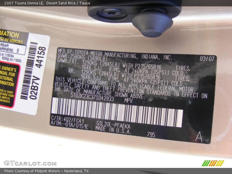 Desert Sand Mica / Taupe 2007 Toyota Sienna LE