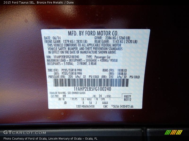 2015 Taurus SEL Bronze Fire Metallic Color Code H9