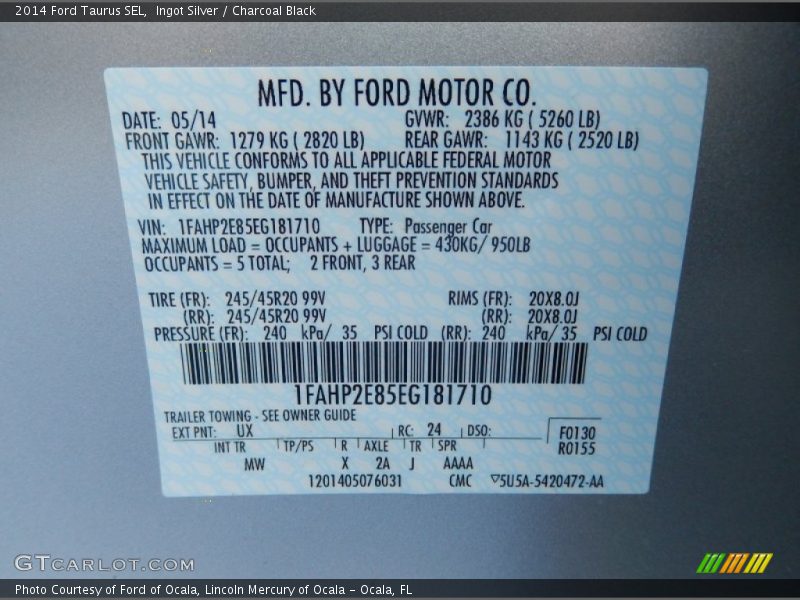 Ingot Silver / Charcoal Black 2014 Ford Taurus SEL