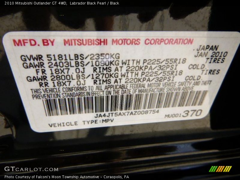 Labrador Black Pearl / Black 2010 Mitsubishi Outlander GT 4WD
