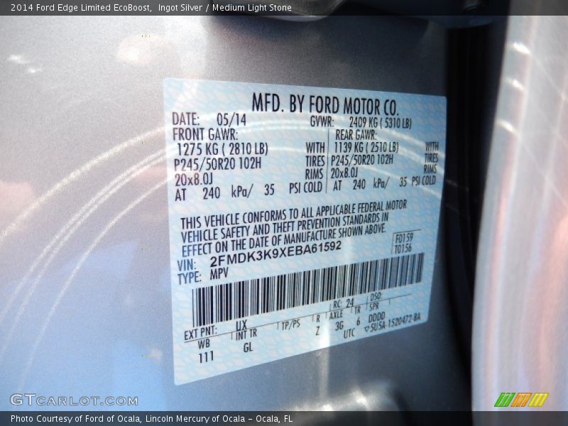 Ingot Silver / Medium Light Stone 2014 Ford Edge Limited EcoBoost