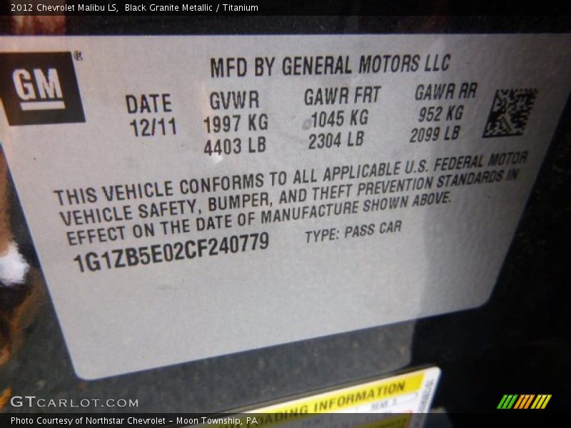 Black Granite Metallic / Titanium 2012 Chevrolet Malibu LS