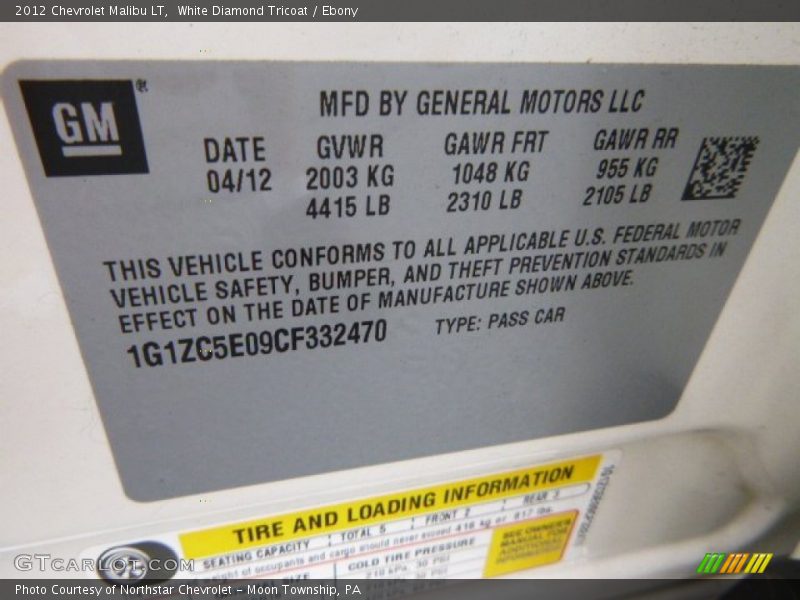 White Diamond Tricoat / Ebony 2012 Chevrolet Malibu LT