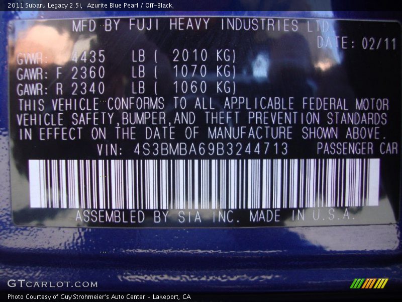 Azurite Blue Pearl / Off-Black 2011 Subaru Legacy 2.5i