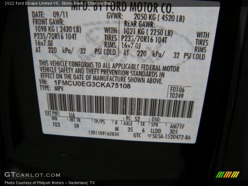 Ebony Black / Charcoal Black 2012 Ford Escape Limited V6
