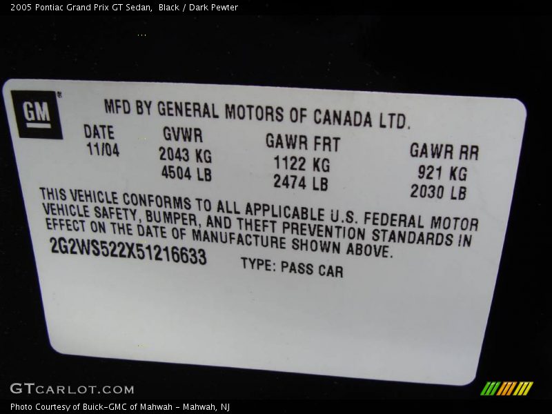 Black / Dark Pewter 2005 Pontiac Grand Prix GT Sedan