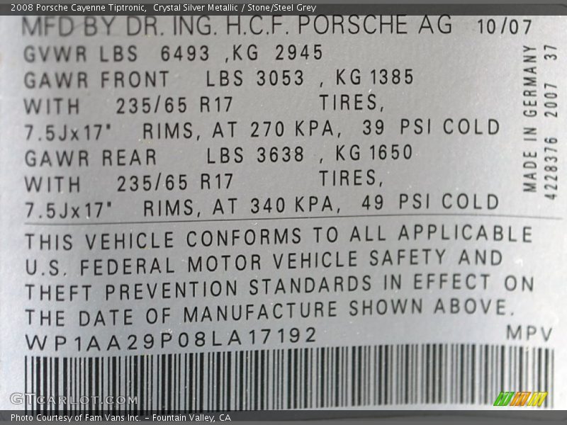 Crystal Silver Metallic / Stone/Steel Grey 2008 Porsche Cayenne Tiptronic