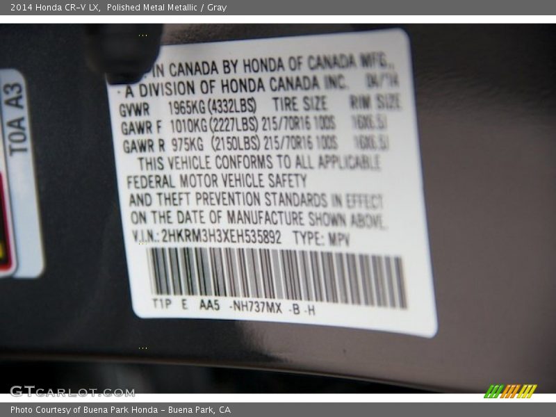 Polished Metal Metallic / Gray 2014 Honda CR-V LX