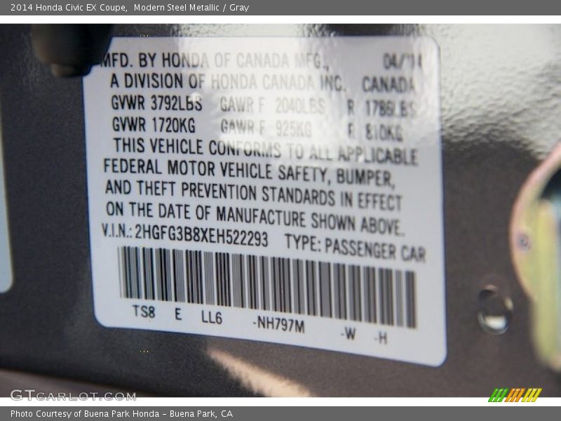 Modern Steel Metallic / Gray 2014 Honda Civic EX Coupe