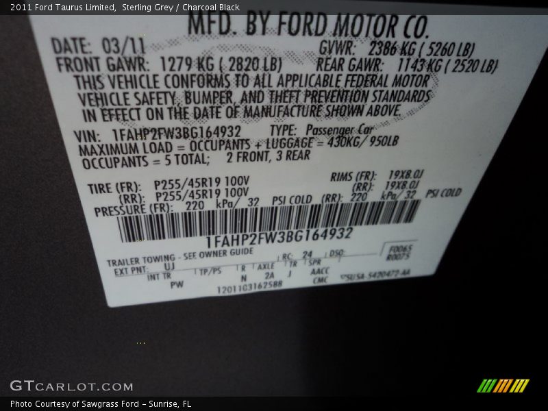Sterling Grey / Charcoal Black 2011 Ford Taurus Limited