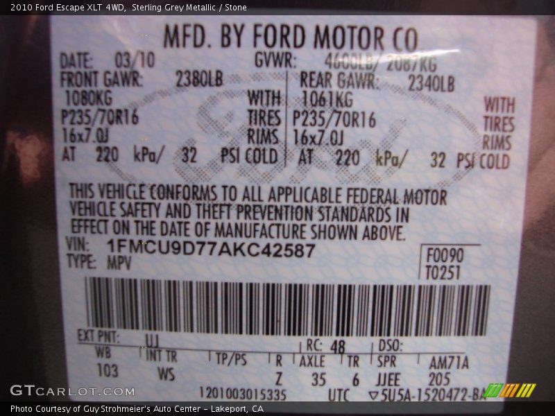 Sterling Grey Metallic / Stone 2010 Ford Escape XLT 4WD