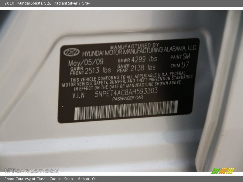 Radiant Silver / Gray 2010 Hyundai Sonata GLS