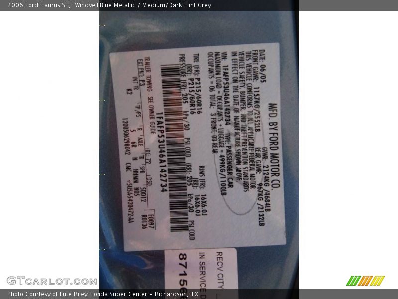 Windveil Blue Metallic / Medium/Dark Flint Grey 2006 Ford Taurus SE