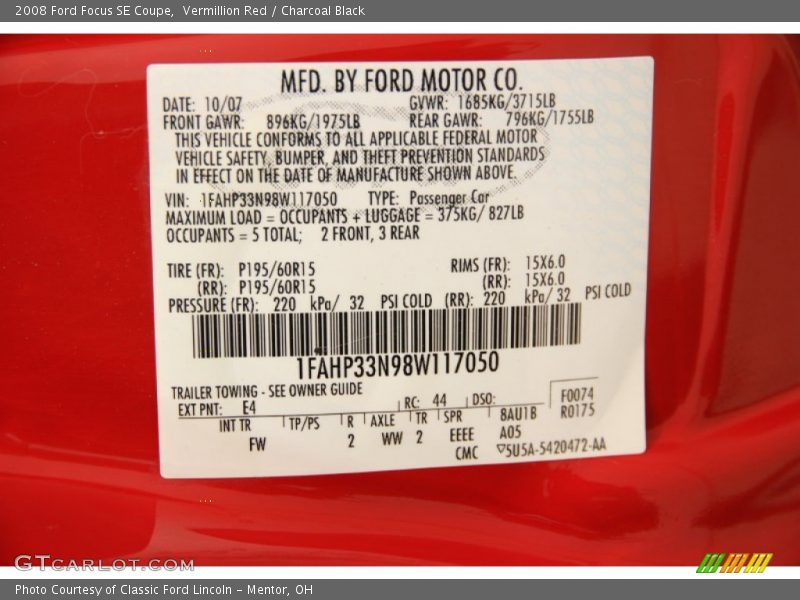 Vermillion Red / Charcoal Black 2008 Ford Focus SE Coupe