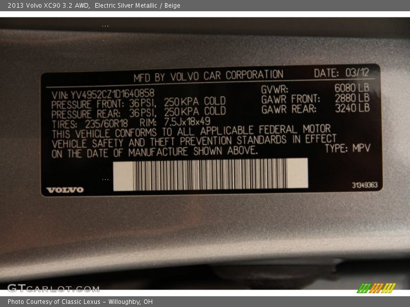 Electric Silver Metallic / Beige 2013 Volvo XC90 3.2 AWD