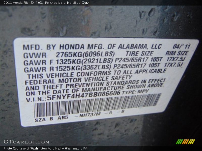 Polished Metal Metallic / Gray 2011 Honda Pilot EX 4WD