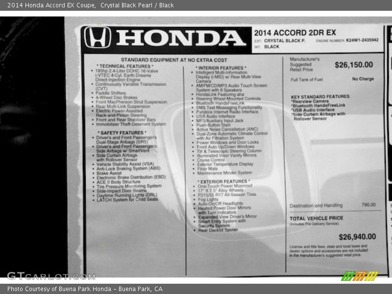 Crystal Black Pearl / Black 2014 Honda Accord EX Coupe