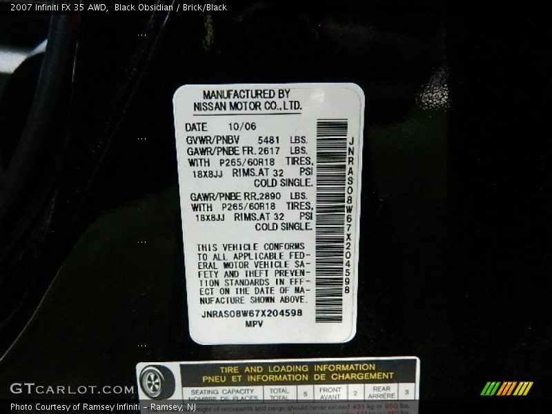 Black Obsidian / Brick/Black 2007 Infiniti FX 35 AWD