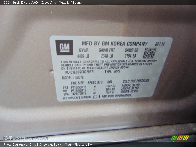 Cocoa Silver Metallic / Ebony 2014 Buick Encore AWD